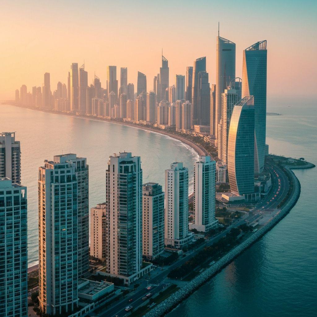 Modern waterfront cityscape representing global real estate opportunity